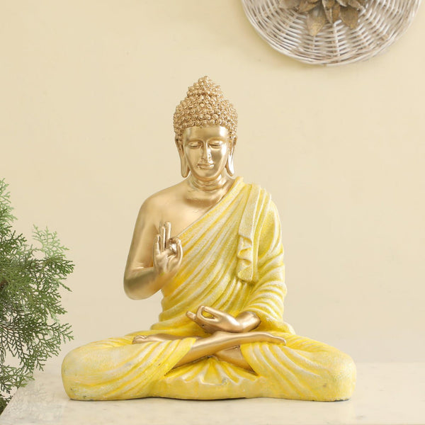 Radiant Golden Meditating Buddha Yellow Robe Resin Decor - Karigaari India Aesthetic Home Decor