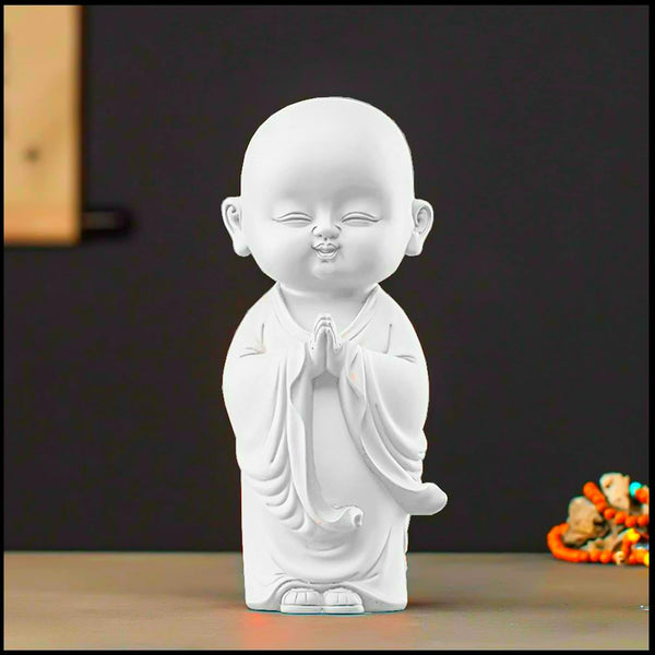 Cute White Resin Standing Buddha Statue| Small Zen Monk Figurine for Home Decor, Desk & Peaceful Gifting | Serenity & Joy