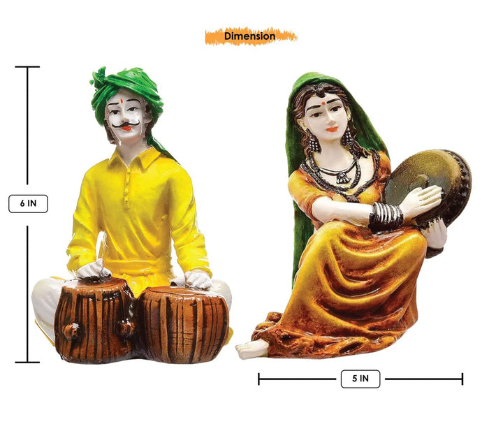 Traditions of Rajasthani : Man Playing Tabla & Lady with Dafli Showpiece - Karigaari India Aesthetic Home Decor