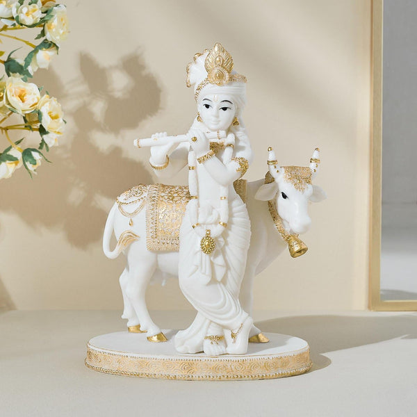 Divine Krishna Flute Player with Kamdhenu Cow Statue | Resin Antique Decor Showpiece | White & Gold Lord Krishna Murti | Auspicious Home Temple & Gifting