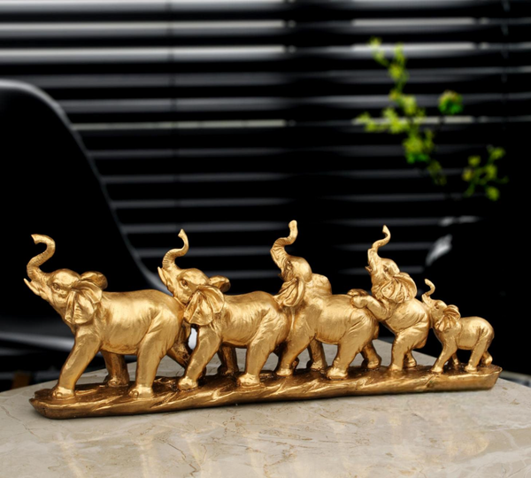 Golden Resin Elephant Figurine Set of 5 – Elegant Home Decor & Vastu Showpiece for Living Room & Office