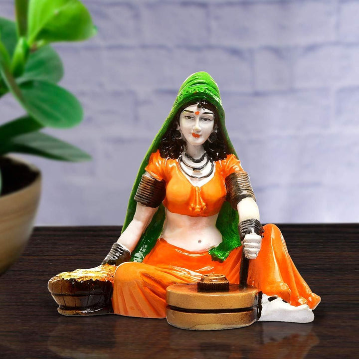 Handcrafted Rajasthani Lady Making Chakki Polyesine Idol Showpiece for Home Decor - Karigaari India Aesthetic Home Decor