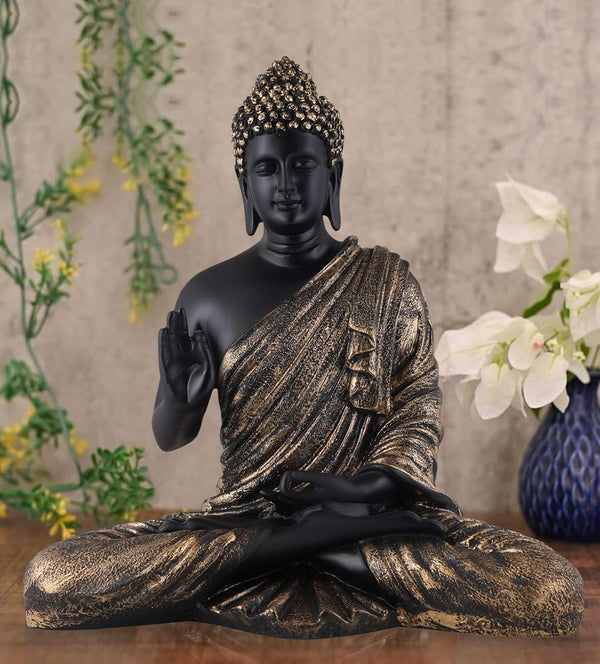 Mystic Black Buddha Idol Bronze Accented Resin Decor - Karigaari India Aesthetic Home Decor