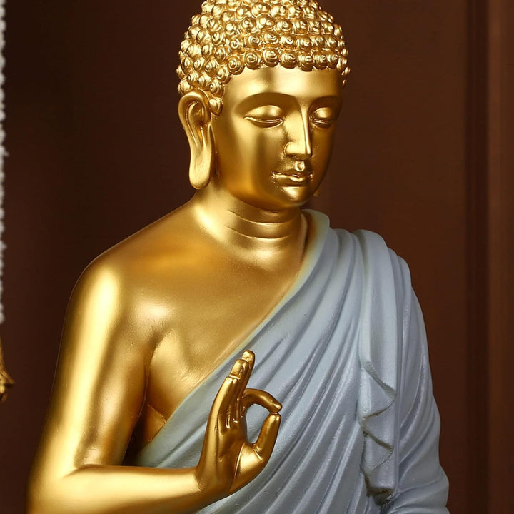 Radiant Golden Buddha Idol Serene Grey Robe Meditation Decor - Karigaari India Aesthetic Home Decor