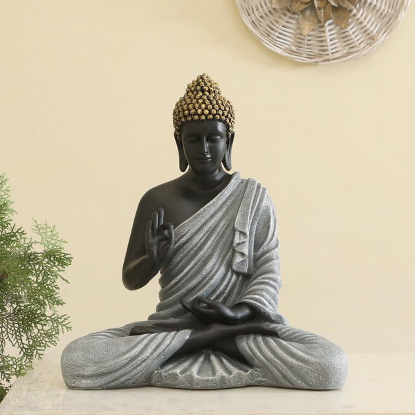 Zen Meditating Buddha Statue Black & Grey Resin Idol - Karigaari India Aesthetic Home Decor