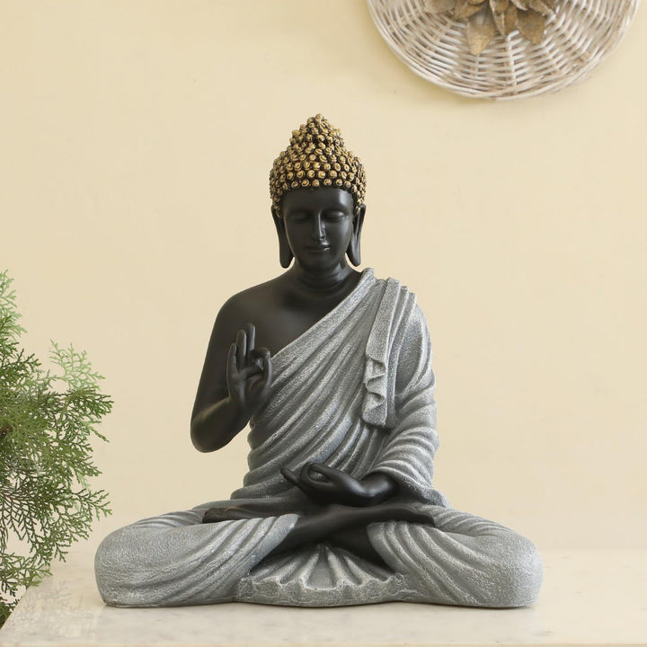 Zen Meditating Buddha Statue Black & Grey Resin Idol - Karigaari India Aesthetic Home Decor