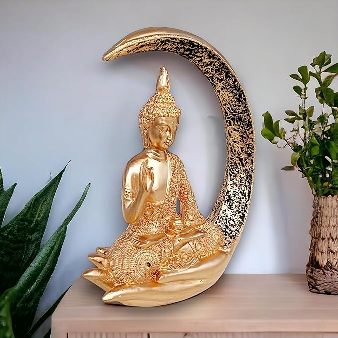 Ornate Resin Buddha in Crescent Moon - Golden - Karigaari India Aesthetic Home Decor