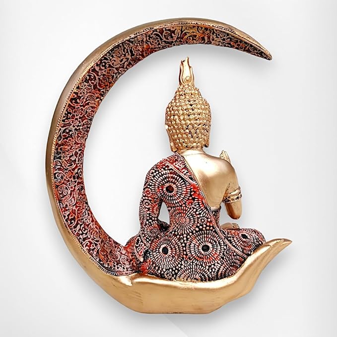 Golden Moon Buddha Meditating Resin Statue - Karigaari India Aesthetic Home Decor
