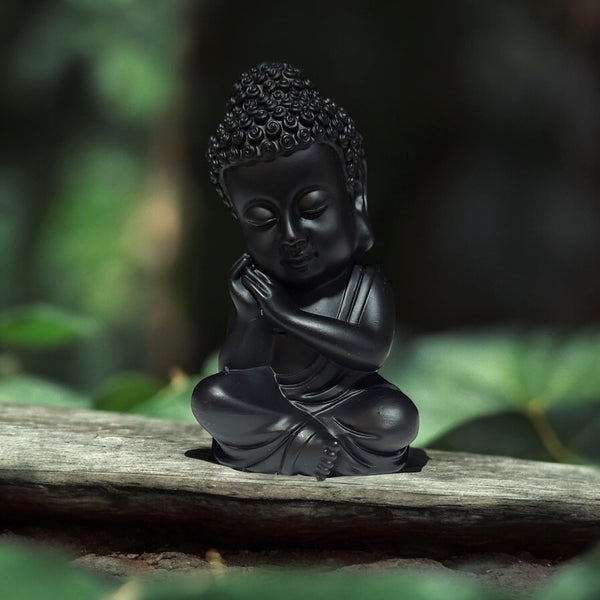 Serene Little Buddha Monk Statue  - Meditating Black Resin Sculpture for Peace & Home Decor