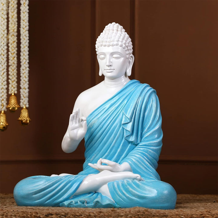 Serene Meditating Buddha Idol White & Blue Resin Decor - Karigaari India Aesthetic Home Decor
