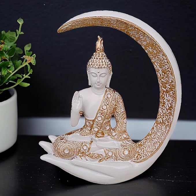 Resin Buddha in White Crescent Moon - Spiritual - Karigaari India Aesthetic Home Decor