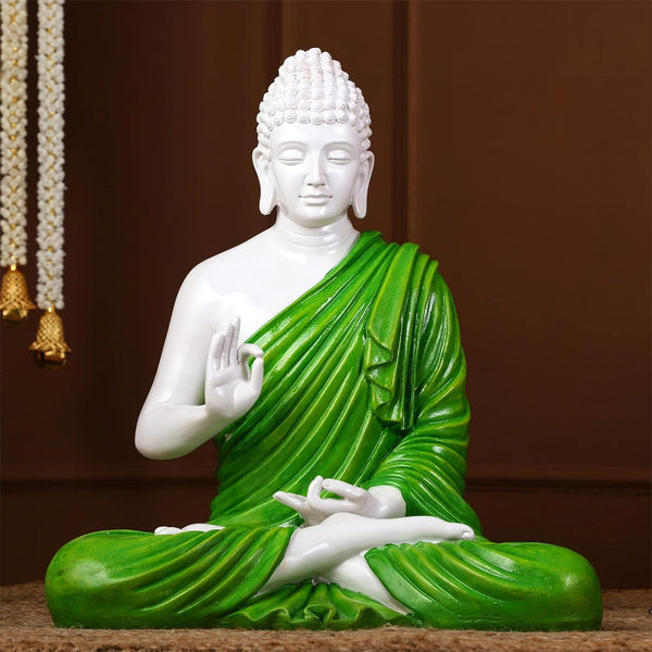 Serene Meditating Buddha Idol White & Green Resin Decor - Karigaari India Aesthetic Home Decor