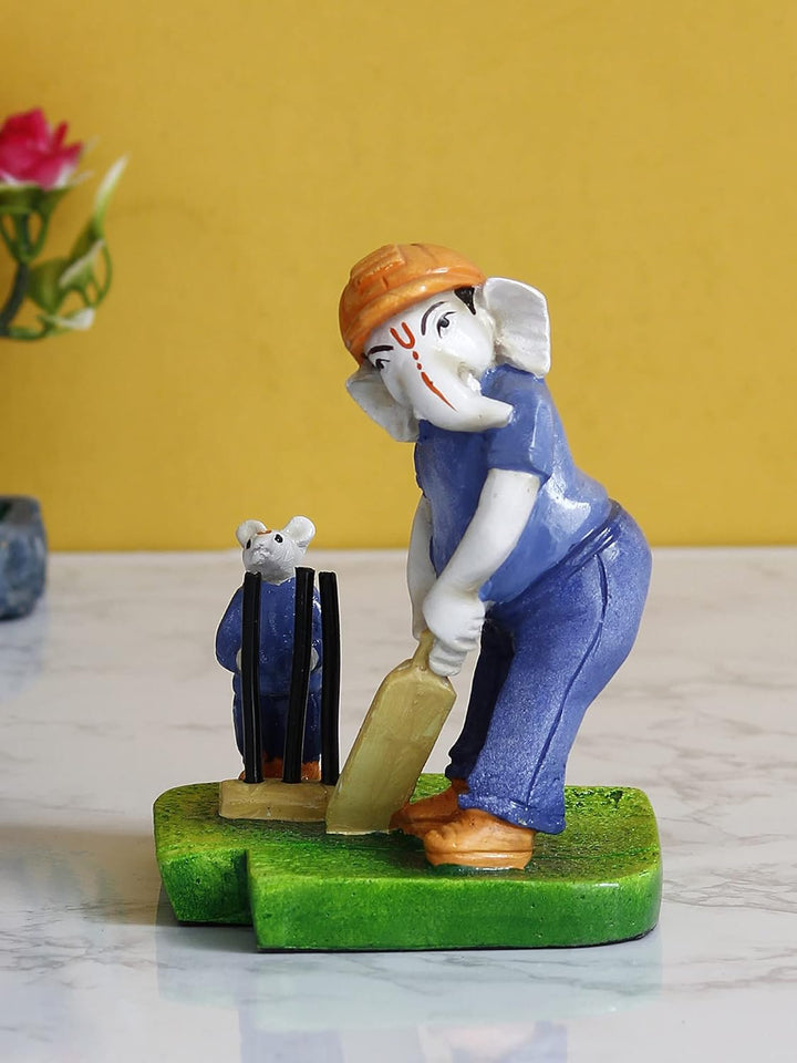 Ganesha Playing Cricket Idol | Resin Ganpati Idol - Playful I Resin Home Decor & Gift- - Karigaari India Aesthetic Home Decor