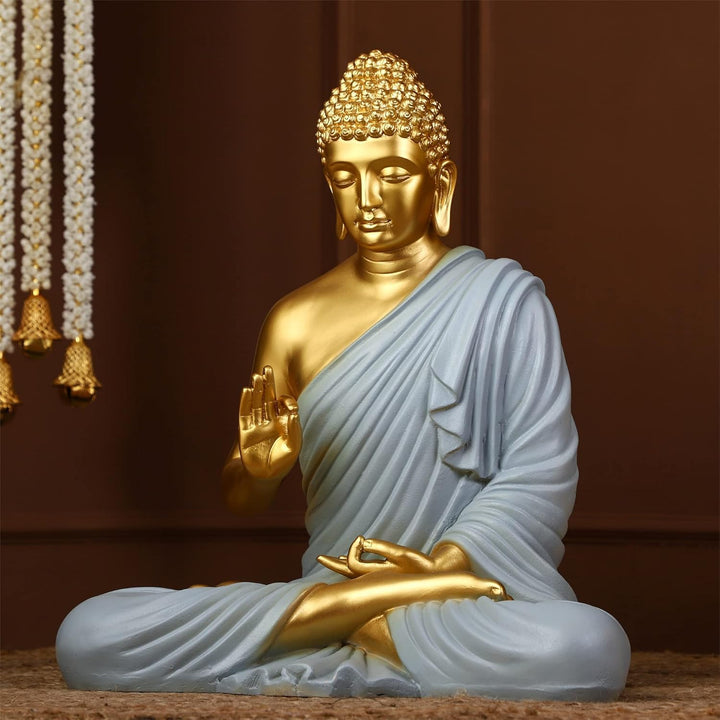 Radiant Golden Buddha Idol Serene Grey Robe Meditation Decor - Karigaari India Aesthetic Home Decor