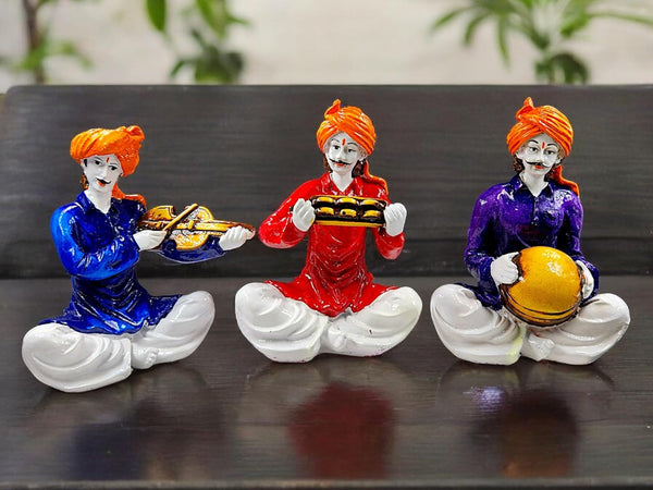 Vibrant Rajasthani Musician Figurine Set of 3| Traditional Indian Folk Art Resin Statues for Home Decor & Cultural Gifting