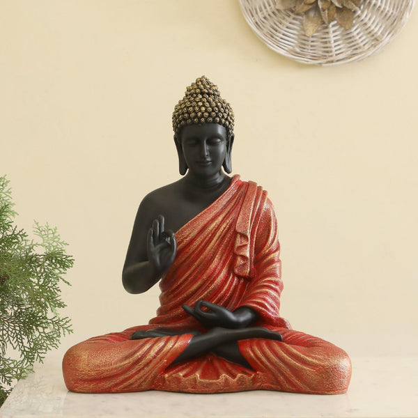 Serene Black Buddha Idol Vibrant Red Robe Decor - Karigaari India Aesthetic Home Decor