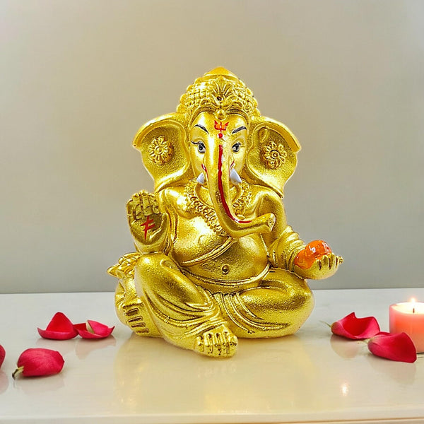 Radiant Gold Finish Ganesha Idol  - Auspicious Resin Statue for Car Dashboard & Home Decor