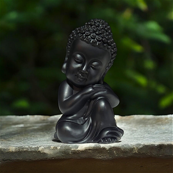Peaceful Little Buddha Monk Statue  - Meditating Black Resin Sculpture for Serenity & Home Decor