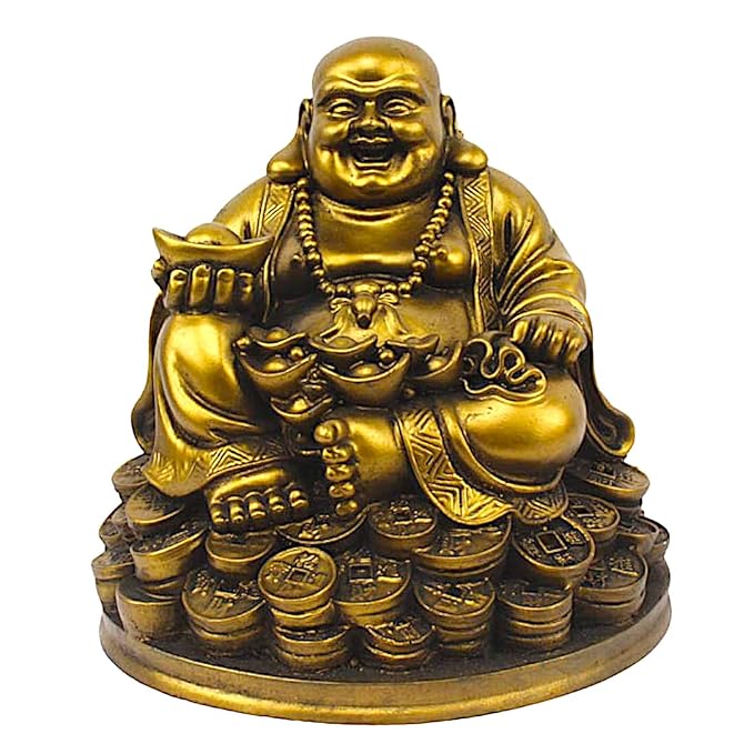 Golden Laughing Buddha Resin Statue - Wealth - Karigaari India Aesthetic Home Decor
