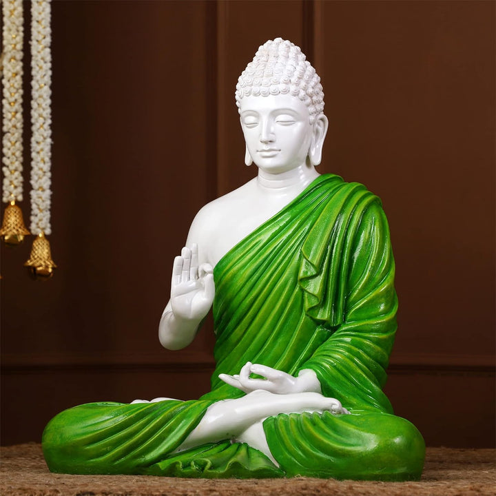 Serene Meditating Buddha Idol White & Green Resin Decor - Karigaari India Aesthetic Home Decor