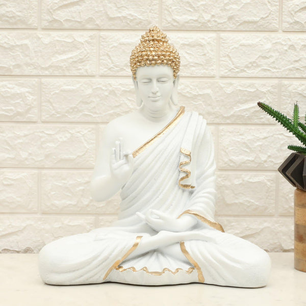 Pure White Meditating Buddha Golden Accent Resin Decor - Karigaari India Aesthetic Home Decor