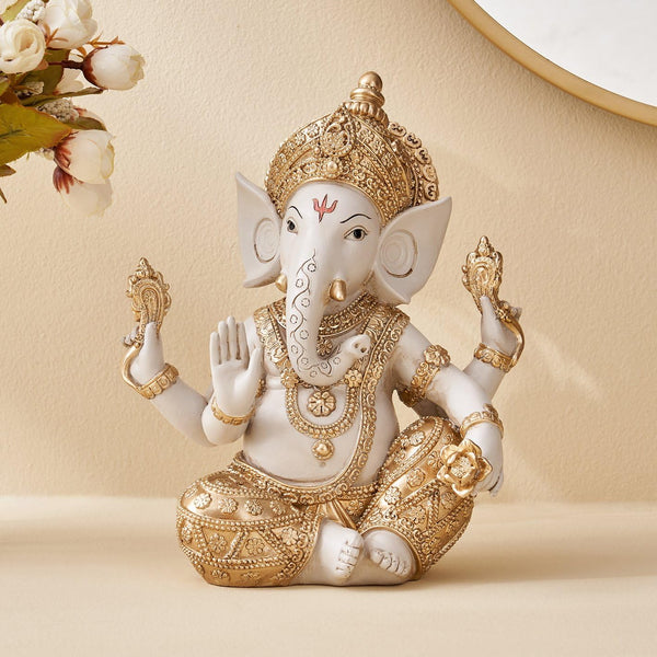 Divine Gold & White Resin Ganesha Idol  | Auspicious Lord Ganpati Statue for Home Temple, Pooja & Prosperity Gifting
