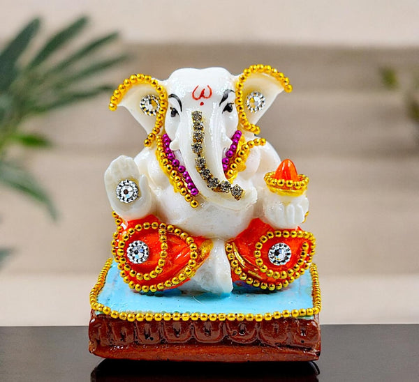 Exquisite White Resin Ganesha Idol  | Embellished Lord Ganpati Statue with Colorful Accents for Festive Decor & Auspicious Gifting