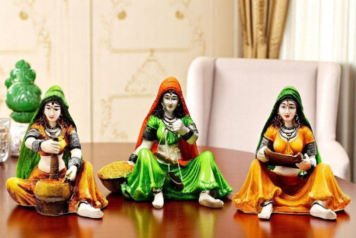 Traditions of Rajasthani : Set of 3 Ladies Doing Different Activities - Karigaari India Aesthetic Home Decor