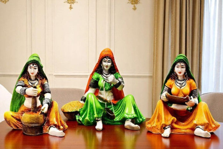 Traditions of Rajasthani : Set of 3 Ladies Doing Different Activities - Karigaari India Aesthetic Home Decor