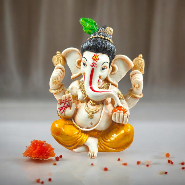 Unique Ganesha Statue with Green Leaf Accent | Resin Lord Ganesh Murti for Home Temple & Desk Decor | Auspicious Gift for Good Luck & Prosperityr | Good Luck & Prosperity Gift