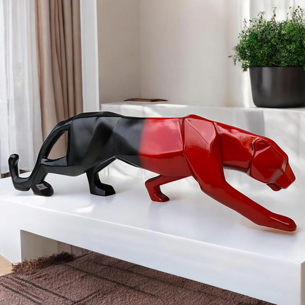 Resin Geometric Red & Black Leopard Figurine | Modern Panther Sculpture for Home & Office Decor | Luxury Wildlife Showpiece