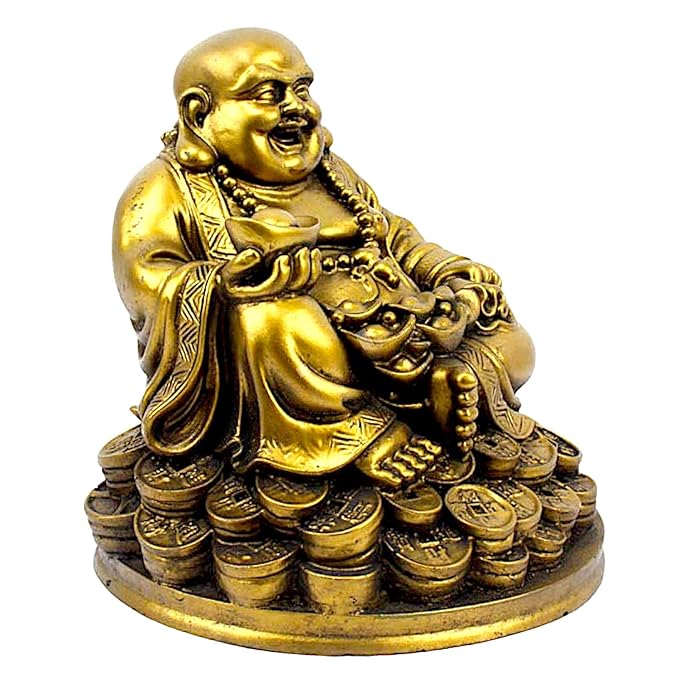 Golden Laughing Buddha Resin Statue - Wealth - Karigaari India Aesthetic Home Decor