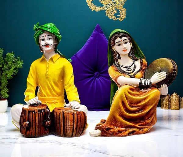 Traditions of Rajasthani : Man Playing Tabla & Lady with Dafli Showpiece - Karigaari India Aesthetic Home Decor