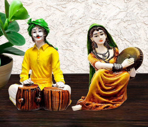 Traditions of Rajasthani : Man Playing Tabla & Lady with Dafli Showpiece