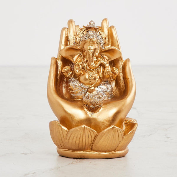 Golden Ganesha in Cupped Hands Statue | Resin Lord Ganesh Idol on Lotus | Divine Protection & Blessings Home Decor | Auspicious Gift for Good Luck