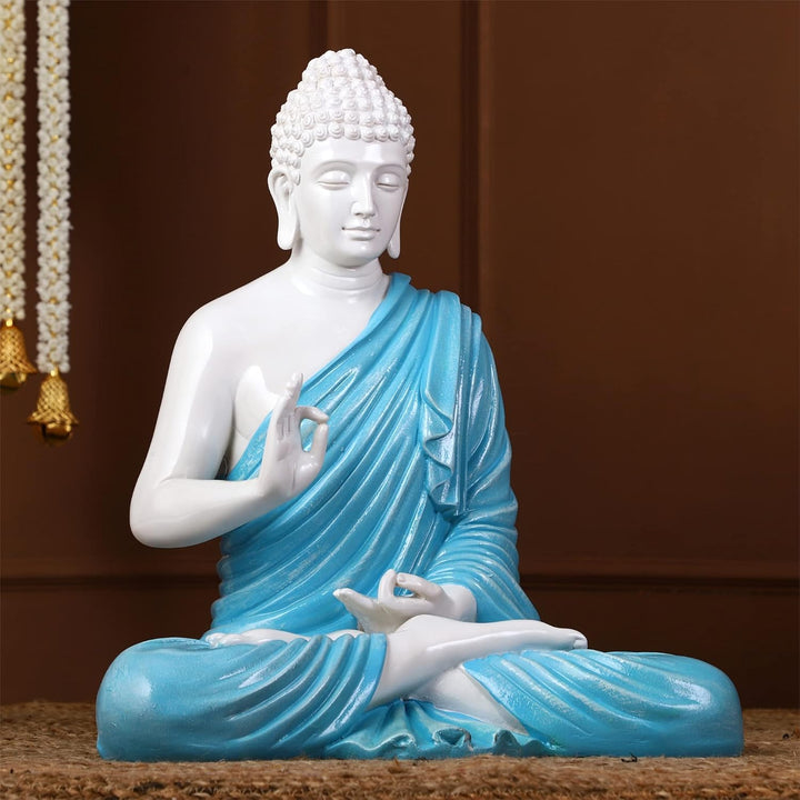 Serene Meditating Buddha Idol White & Blue Resin Decor - Karigaari India Aesthetic Home Decor