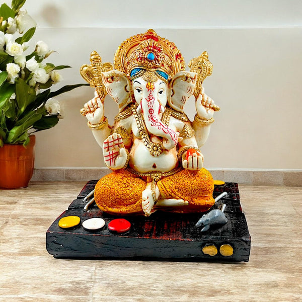 Resin Lord Ganesha Statue with Ornate Base | Ganesh Murti for Home Temple & Living Room Decor | Auspicious Gifting | Prosperity & Good Luck