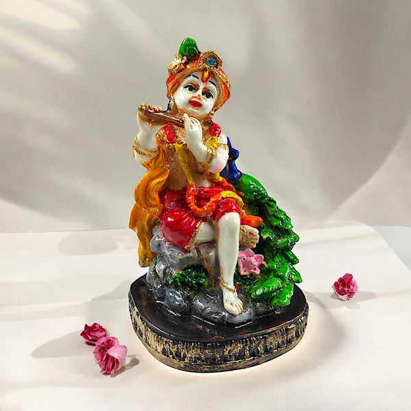 Vibrant Resin Lord Krishna Flute Statue  | Seated Bala Krishna Idol for Divine Harmony, Home Decor & Spiritual Gifting