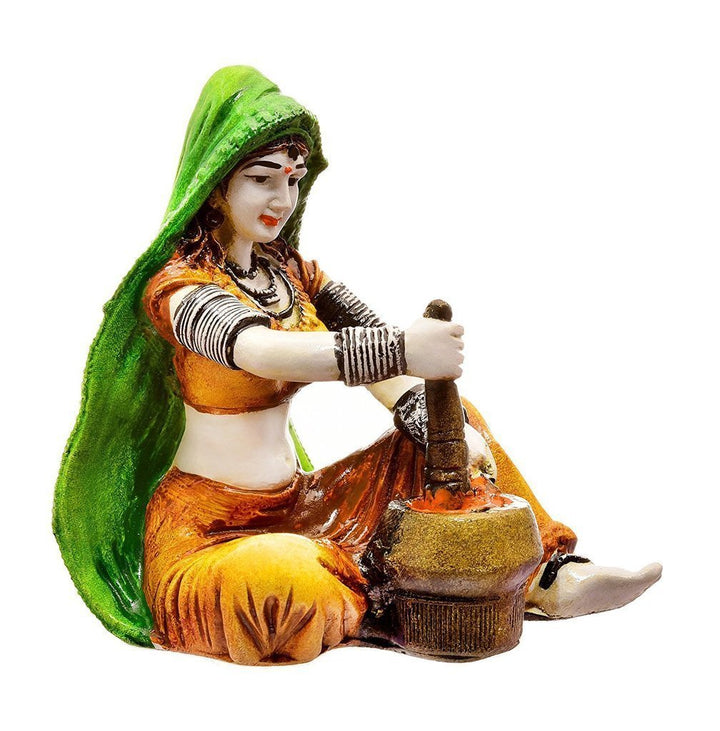 Handcrafted Rajasthani Woman Figurine Churning Butter Traditional Resin Art Sculpture for Ethnic Home Décor & Gifting - Karigaari India Aesthetic Home Decor