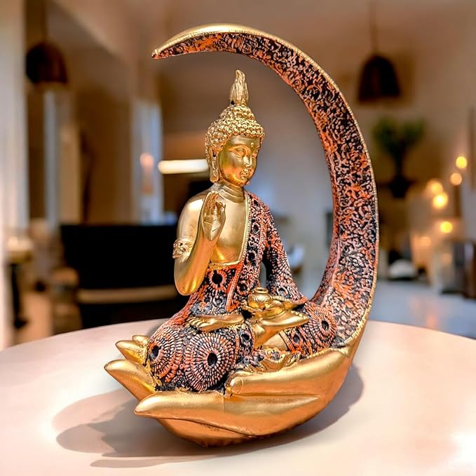 Golden Moon Buddha Meditating Resin Statue - Karigaari India Aesthetic Home Decor