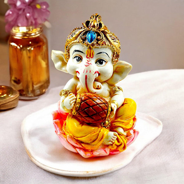 Cute Baby Ganesha Idol on Lotus | Resin Lord Ganesh Murti with Modak | Auspicious Home Decor | Desk & Puja Altar Statue | Divine Blessings