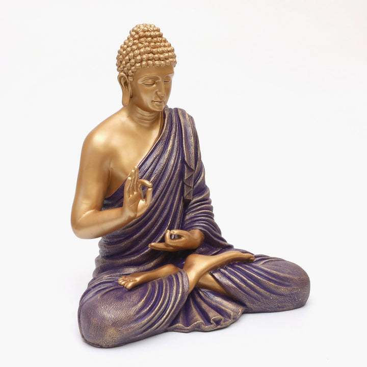 Regal Golden Buddha Idol Purple Robe Resin Decor - Karigaari India Aesthetic Home Decor