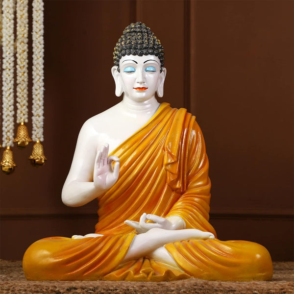 Serene Meditating Buddha Idol White & Orange Resin Decor - Karigaari India Aesthetic Home Decor