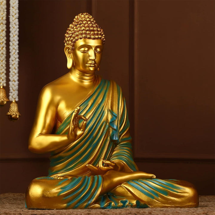 Elegant Meditating Gautam Buddha Idol Gold & Blue Resin Home Decor - Karigaari India Aesthetic Home Decor
