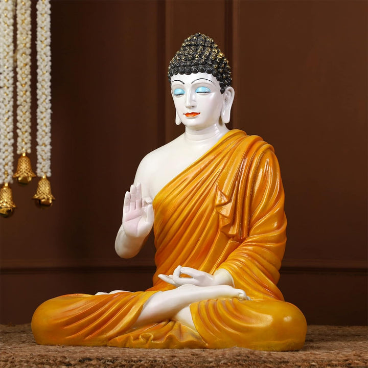 Serene Meditating Buddha Idol White & Orange Resin Decor - Karigaari India Aesthetic Home Decor
