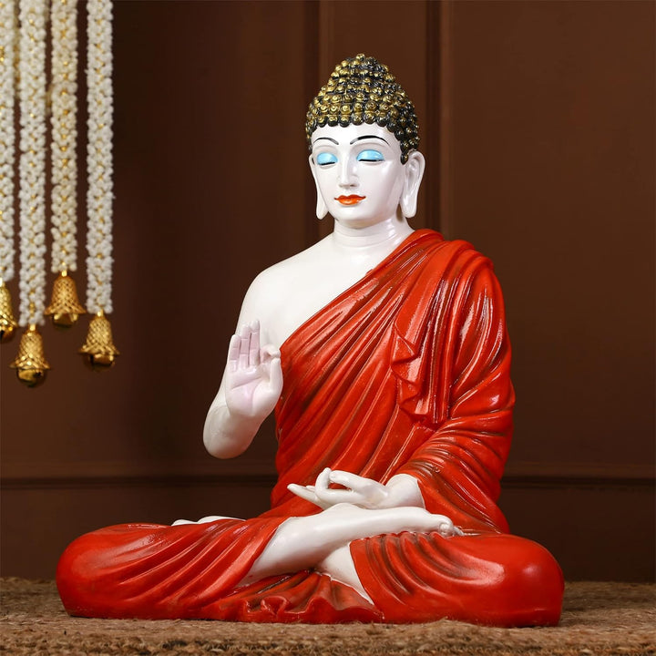 Serene Meditating Buddha Idol White & Red Resin Decor - Karigaari India Aesthetic Home Decor
