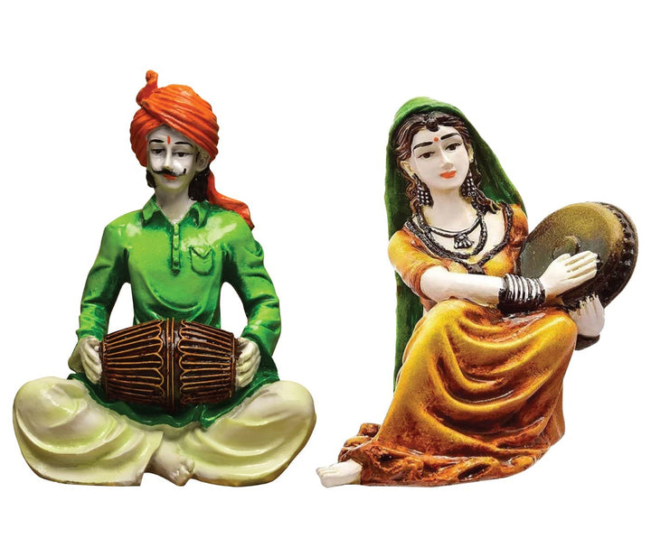 Traditions of Rajasthani : Man Playing Dholak & Lady with Dafli - Karigaari India Aesthetic Home Decor