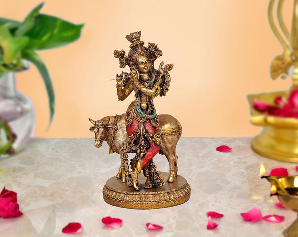 Karigaari India Antique Finish Resin Lord Krishna with Cow Idol | Handcrafted Krishna Playing Flute Figurine | Decorative Home Temple Statue for Janmashtami Gift Pooja Room Living Room Decor