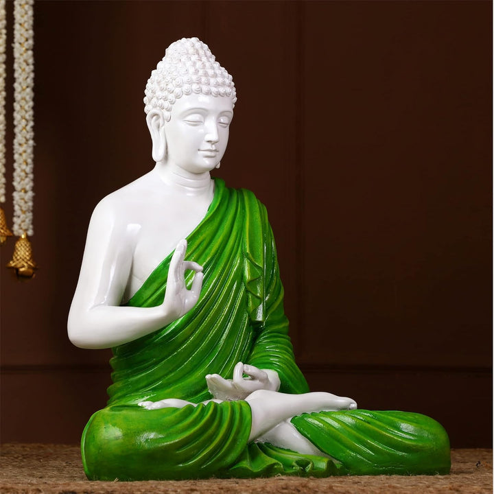 Serene Meditating Buddha Idol White & Green Resin Decor - Karigaari India Aesthetic Home Decor