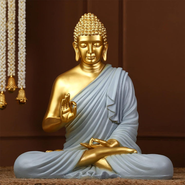 Radiant Golden Buddha Idol Serene Grey Robe Meditation Decor - Karigaari India Aesthetic Home Decor